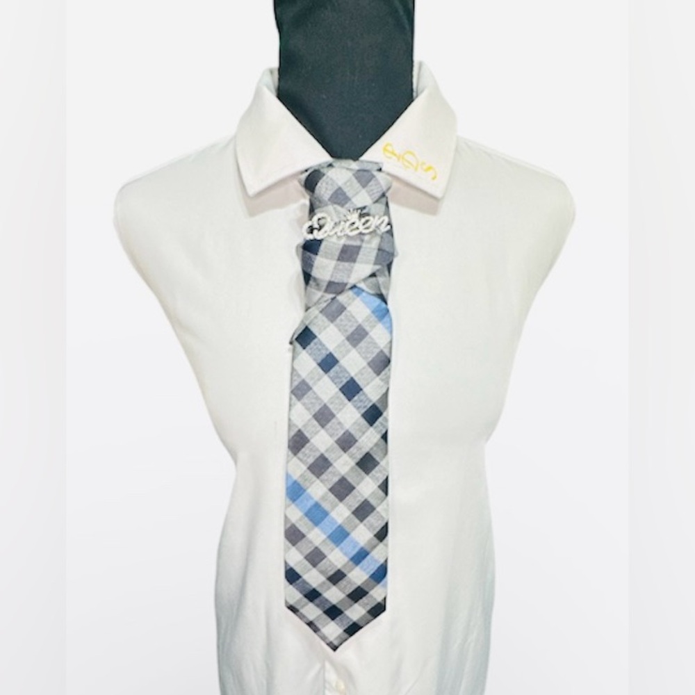 Haggar Blue and Gray Checkered Necktie with Queen Brooch